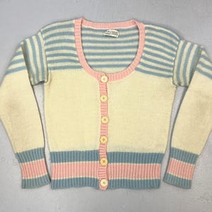 1960s/1970s Pandora Acrylic Mohair Blend Pastel Pink Blue Striped Sweater Cardigan