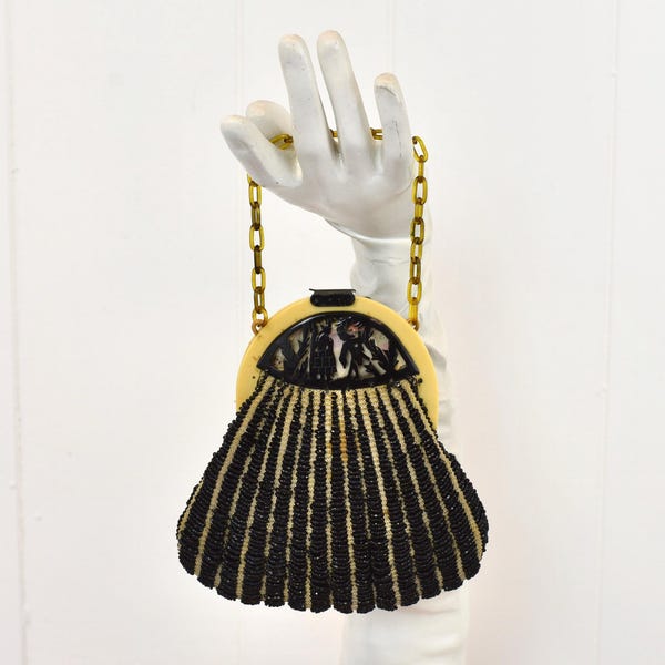 Antique 1920s Black Beaded Carved Celluloid Silhouette Motif Flapper Art Deco British Purse Handbag As Is