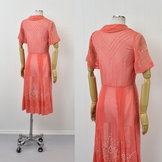 1920s/1930s Embroidered Coral Sheer Cotton Hungar… - image 7