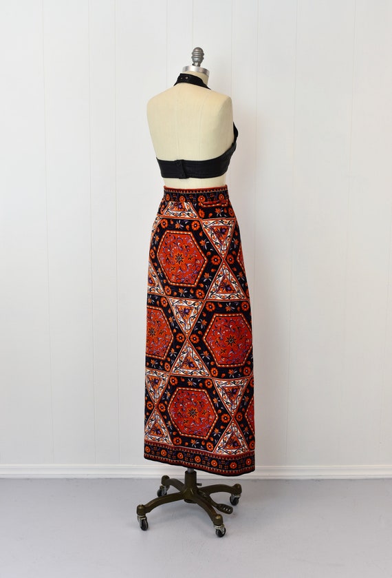 1970s Mr. Dino Velvet Orange Red Floral Maxi Skirt - image 6