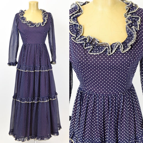 1970's Victor Costa Navy Polka Dot Maxi Dress