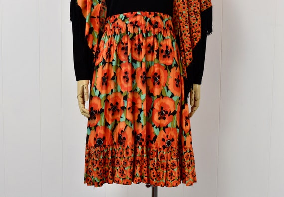 1970s Poppy Floral Orange Black Dress & Shawl Wra… - image 3