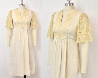 1970s Ivory Cotton Cream Lace Empire Waist Joy Stevens Prairie Gunne Sax Style Maxi Dress Gown