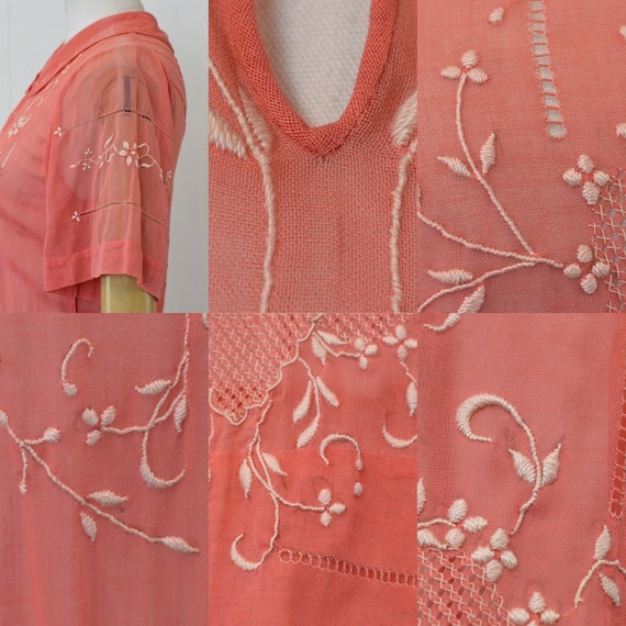 1920s/1930s Embroidered Coral Sheer Cotton Hungar… - image 10