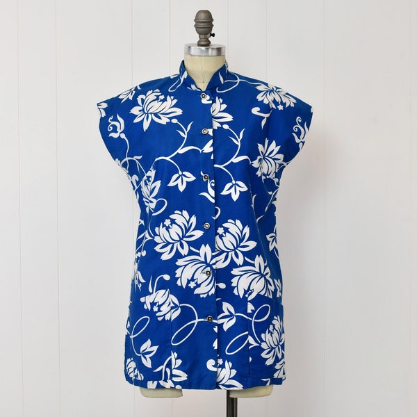 1960s Paradise Hawaii Blue Floral Print Tea Timer Blouse Shirt