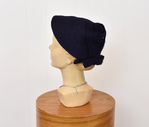 1950s/1960s Navy Blue Wool Bow Cap Hat - image 9