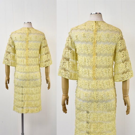 1960s Yellow Lace Sequin Beaded Floral Tulle Shee… - image 7