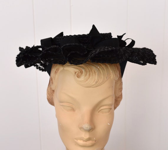 1940s Black Ribbon Bow Straw Tulle New York Creat… - image 2