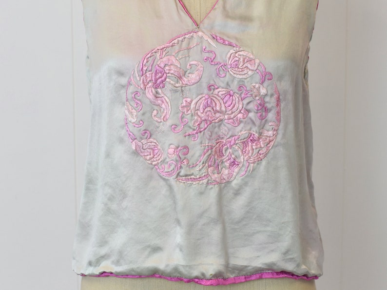 1920s Asian Inspired Green & Pink Embroidered Silk Blouse image 3