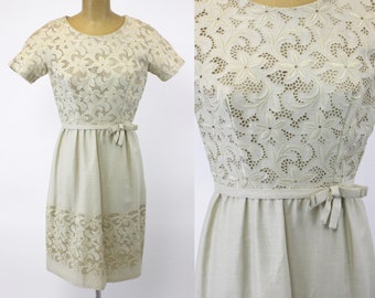 1950s Beige Floral Lattice Dress