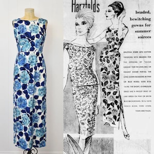 1965 Malcolm Starr Blue Rose Floral Print Beaded Gown Dress Documented
