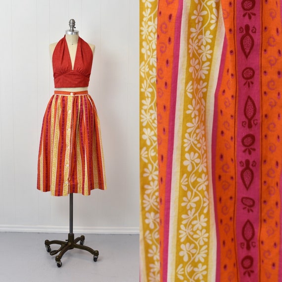 1950s Orange Pink Colorful Striped Floral Novelty 