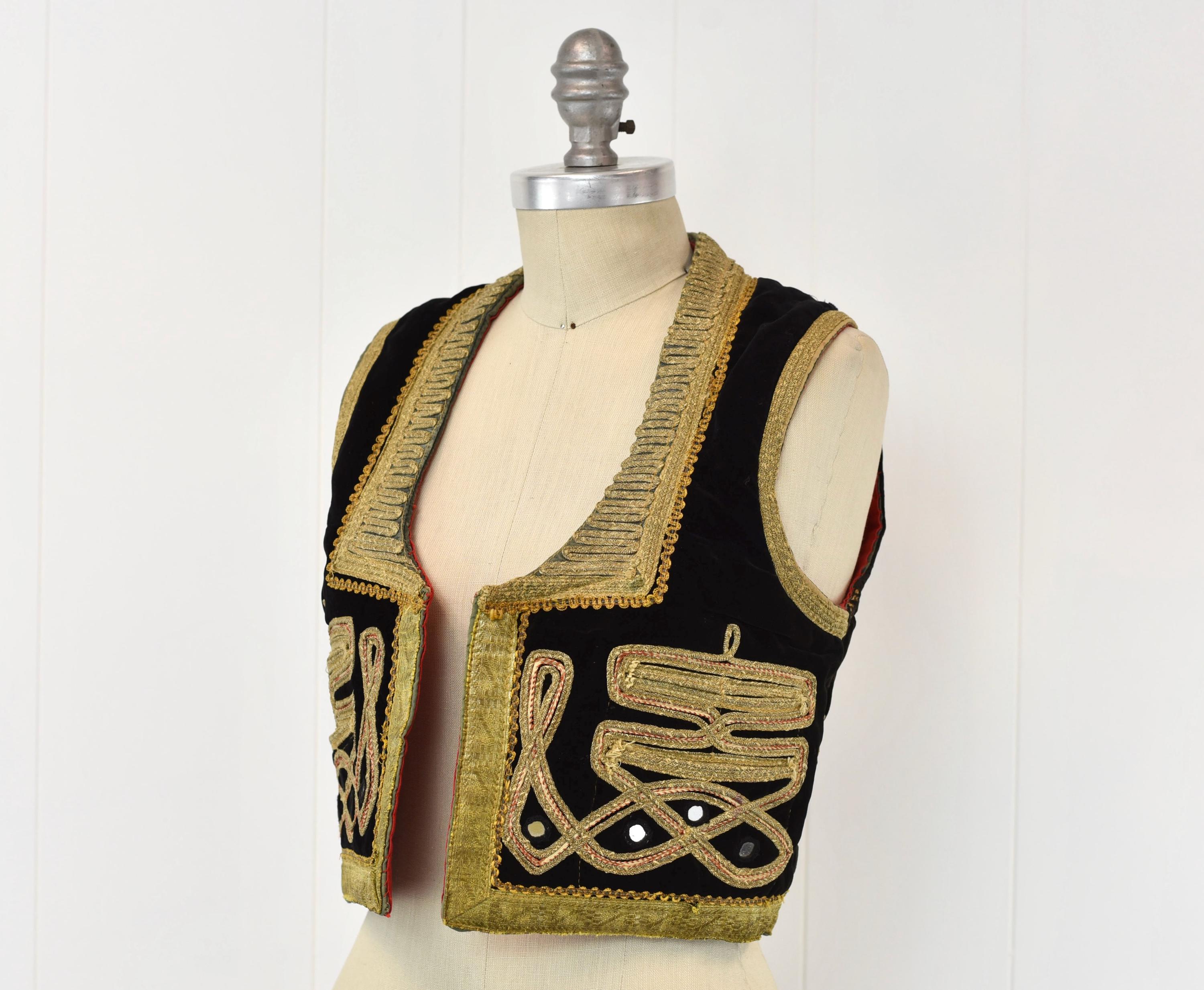 1960s Black Velvet Metallic Gold Embroidered Turkish Mirror