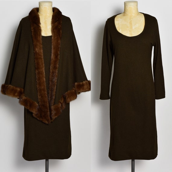 1970's Dark Brown Halston Dress & Mink Trimmed Cap