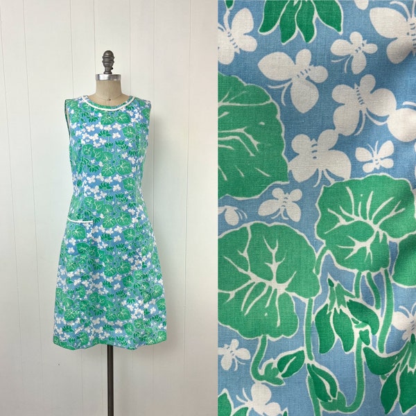 1980s Lilly Pulitzer Butterfly Leaves Novelty Print Blue Green Sun Dress