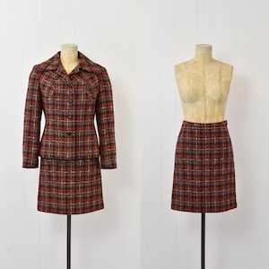 1960s Plaid Windsmoor Orange Brown Wool Jacket Skirt Two Piece Suit Set