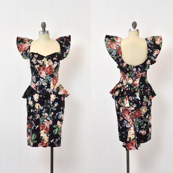 1980s Karen Alexander Black Rose Floral Ruffled P… - image 1