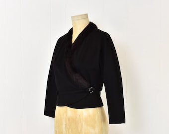 1950s Black Wool Brown Mink Fur Trim Rhinestone Belt Buckle Pinup Mid Century Old Hollywood Style Cardigan Sweater