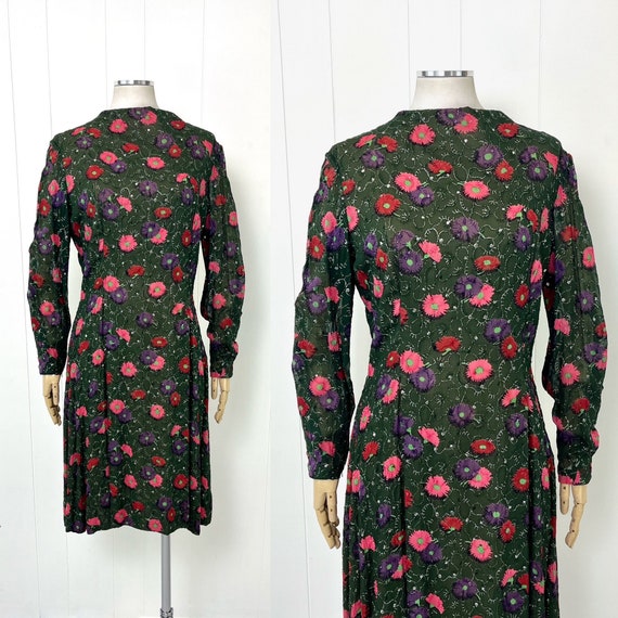 1980s Pauline Trigere Green Floral Metallic Silver Silk Crepe