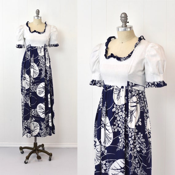 1960s Hawaiian Blue White Floral Ruffle Empire Waist Maxi Tiki Dress Gown
