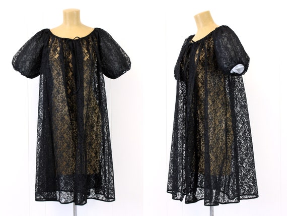 1950s Black Lace Puff Sleeve Robe Lingerie