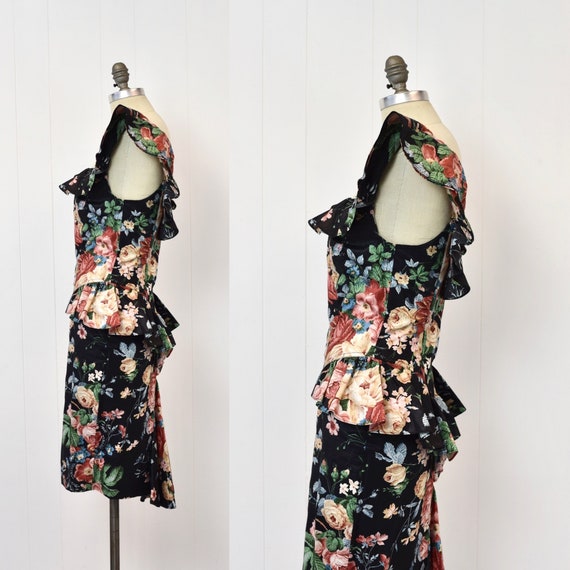 1980s Karen Alexander Black Rose Floral Ruffled P… - image 5