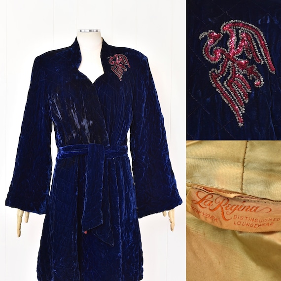 1940s Blue Velvet Quilted Pink Sequin Bird Phoeni… - image 2