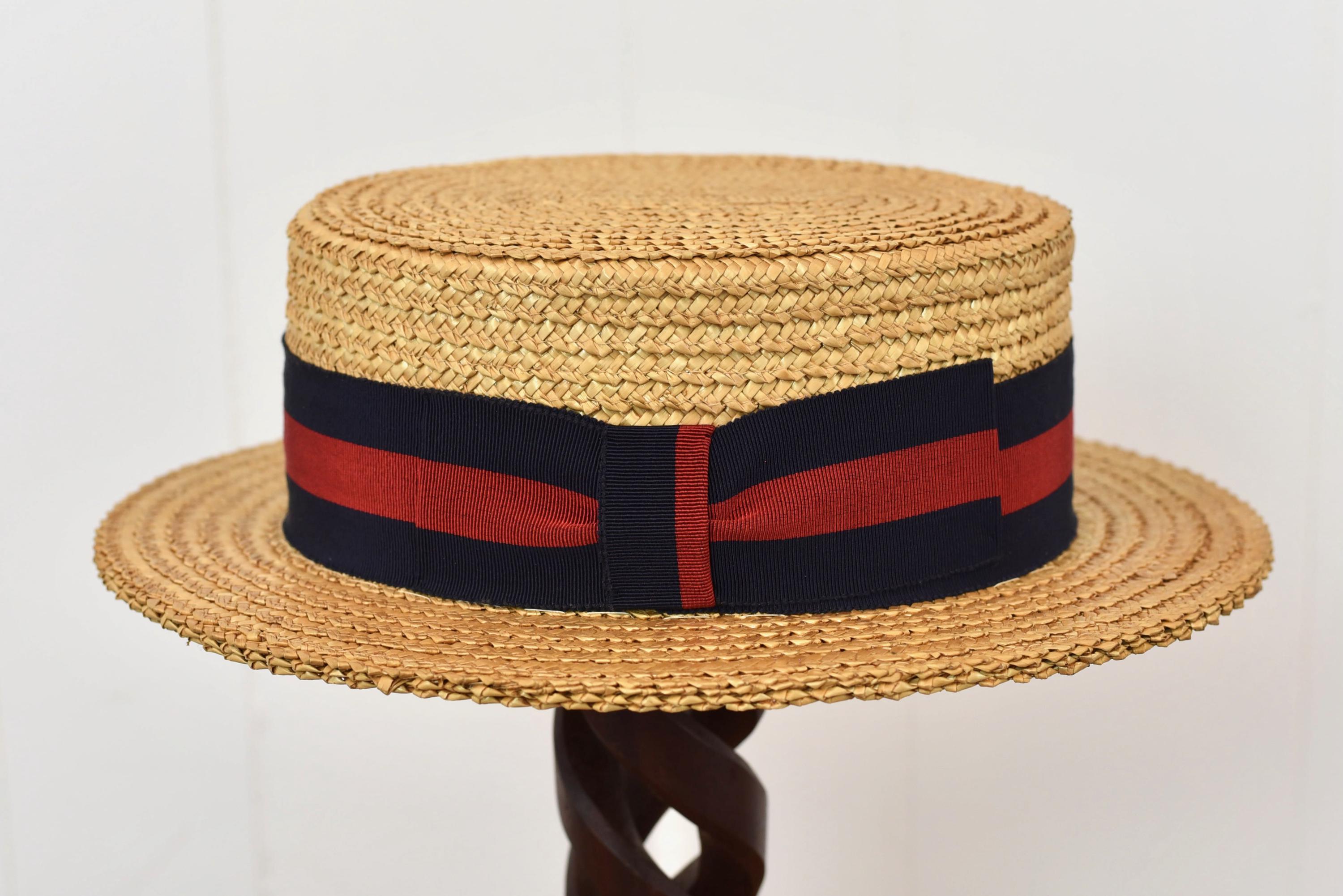 1960s Straw Boater Red Navy Blue Striped Grosgrain Band  display picture 2