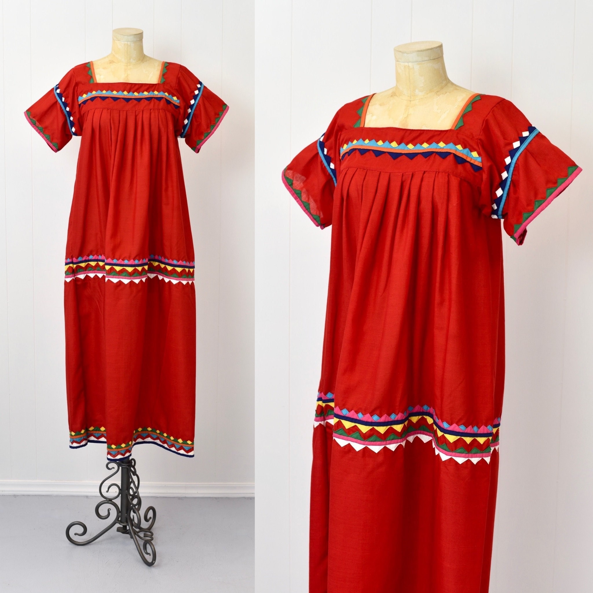 RARE 1970s Seminole Native American Red Patchwork Maxi Dress