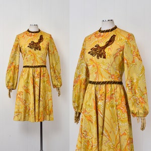 1970s Beaded Yellow Orange Abstract Print Imperial Designs Party Dress