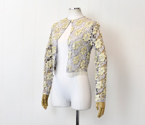 1960s Lavender Floral Lace Yellow Sequin Beaded F… - image 4