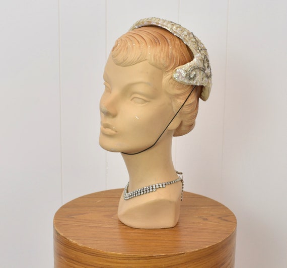 1950s Sequin Beaded Bridal Wedding Skull Cap Fasc… - image 4
