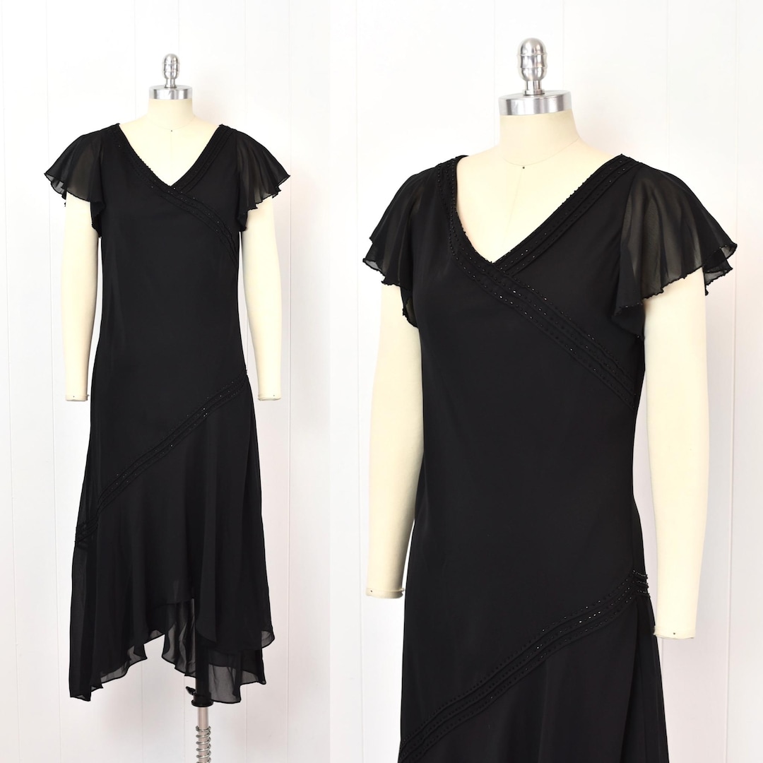1990s/y2k Adrianna Papell Black Chiffon Beaded Flutter Sleeve Asymmetrical  Hankie Hem Art Deco 1920s Flapper Style Party Dress Gown