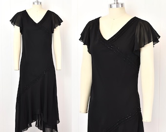 1990s/Y2K Adrianna Papell Black Chiffon Beaded Flutter Sleeve Asymmetrical Hankie Hem Art Deco 1920s Flapper Style Party Dress Gown