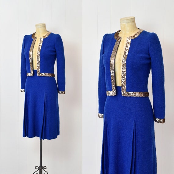 1980s Adolfo Cobalt Royal Blue Sequin Two Piece J… - image 4