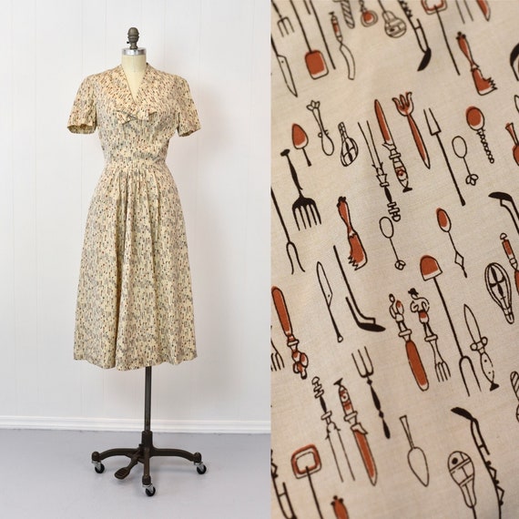 1940s/1950s Novelty Print Kitchenware Day Dress
