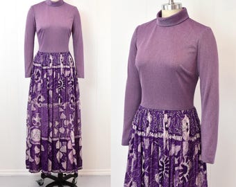 1970s Purple Floral Melissa Lane Knit Chiffon Boho Hippie Party Maxi Dress Gown
