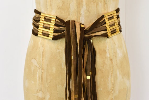 Buy 1970s Suede Leather Strand Fringe Gold Tone Metal Boho 