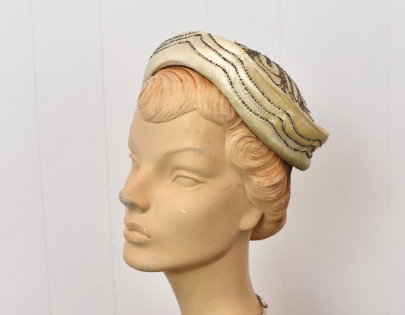 vintage 1950s ivory silk beret 50s hat wedding bridal mcm rhinestones pearls 60s Vintage 1950s Ivory Silk Beret 50s Hat Wedding Bridal Mcm  main image 4
