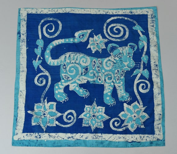 1970s/1980s Blue Thai Silk Panther Scarf - image 1