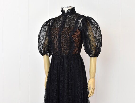 1980s Albert Capraro Black Floral Lace Victorian … - image 5