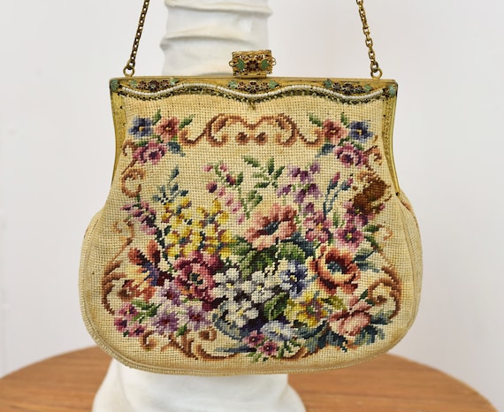 Vintage Needlepoint Wool Purse Bag Mid-century Style Floral Chic