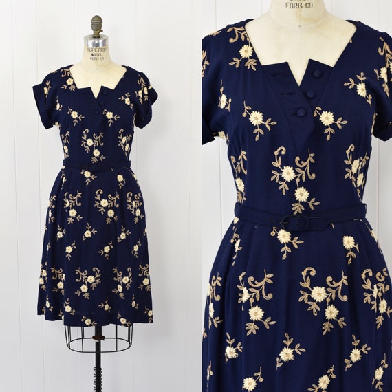 1940's Navy Floral Embroidered Dress