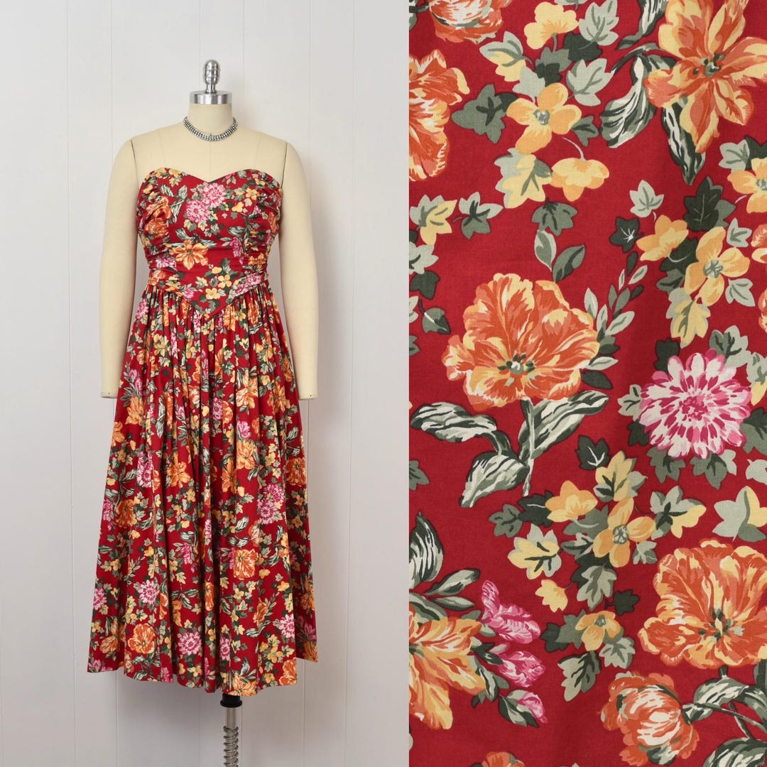 ⑥ LAURA ASHLEY レッド ダブルブレストコート サイズ10 1980s Laura Ashley Red Floral Print Sweetheart Neckline Strapless