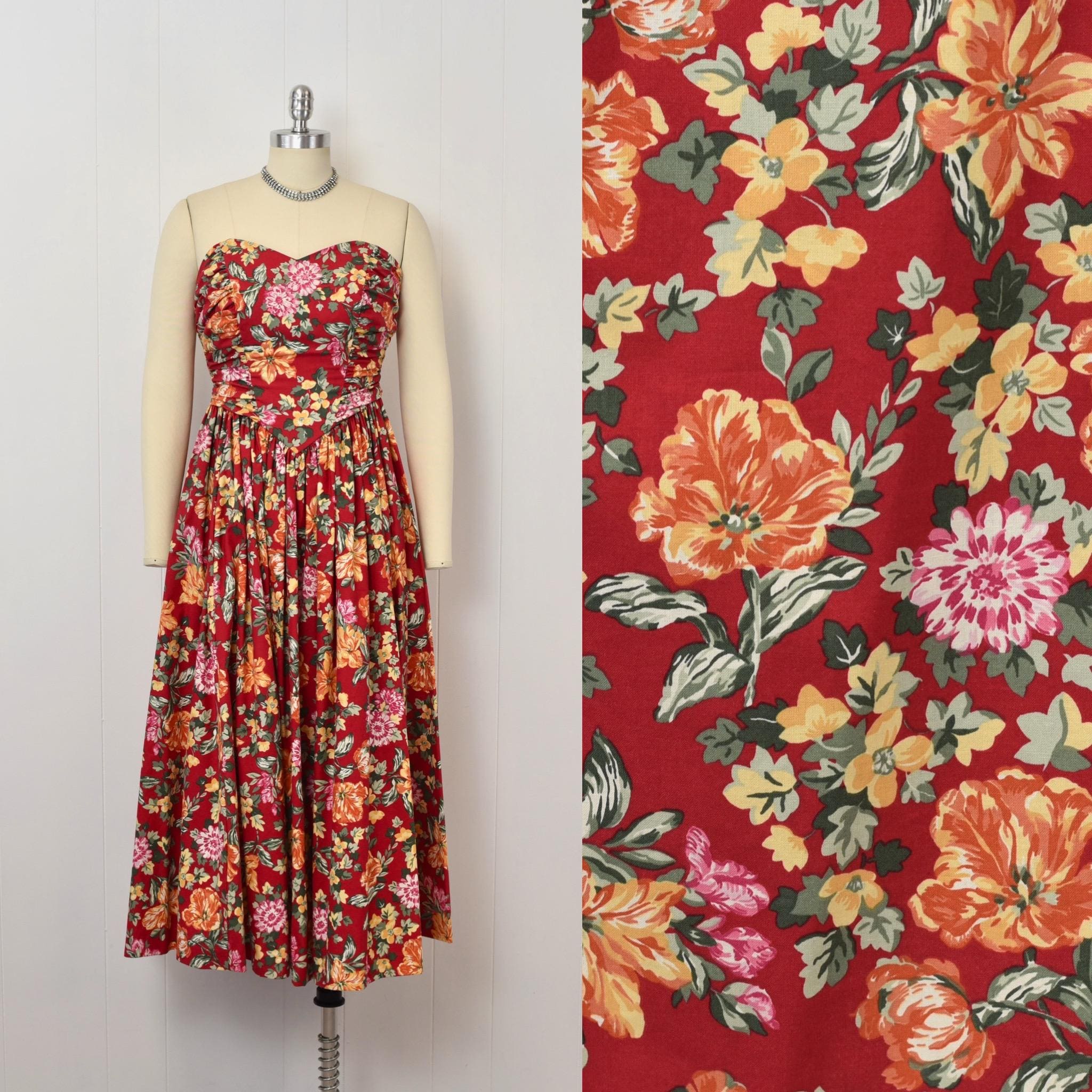 1980s Laura Ashley Red Floral Print Sweetheart Neckline Strapless