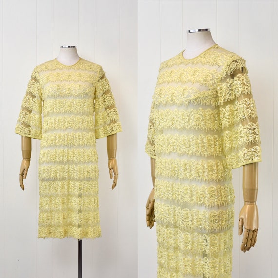 1960s Yellow Lace Sequin Beaded Floral Tulle Shee… - image 1