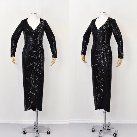 1980s Black Sequin & Rhinestone Rose Taft Gown - image 1