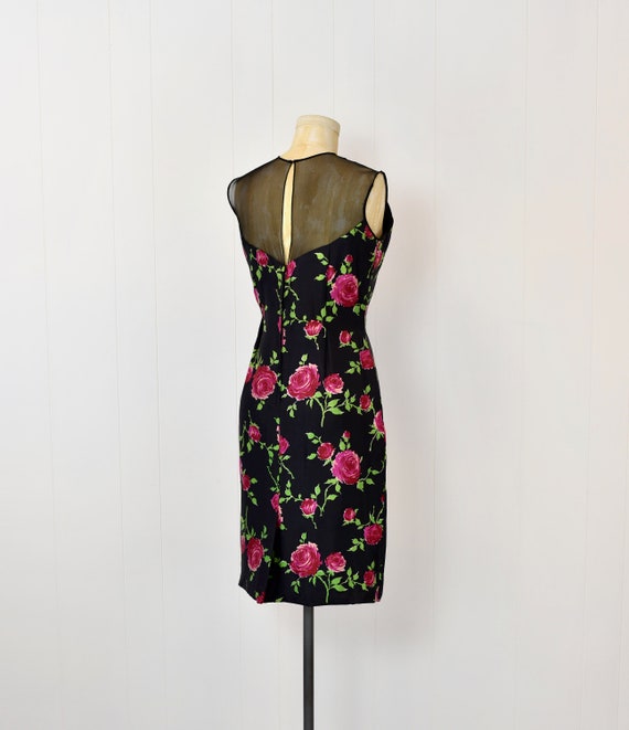 1950s/1960s Pink Magenta Rose Print Black Cocktai… - image 6