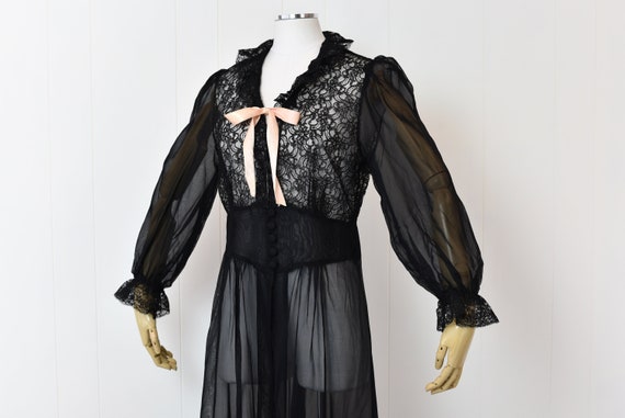 1940s Sheer Black Lace Boudoir Lingerie Robe with… - image 3