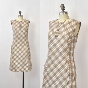 1960s Plaid Light Brown Mod Shift Scooter Dress